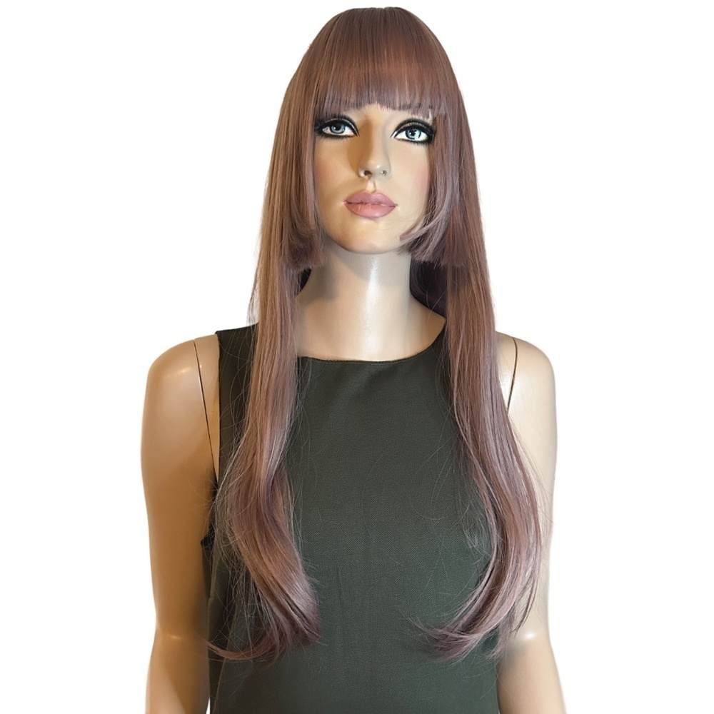 Long 22" Synthetic Wig Princess Cut w/ Bangs Dusty Pink Natural Everyday NIP